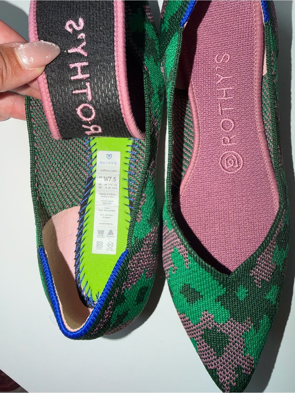 Rothy’s Pointed Knit Ballet Flats in Green and Pink - Picture 3 of 3